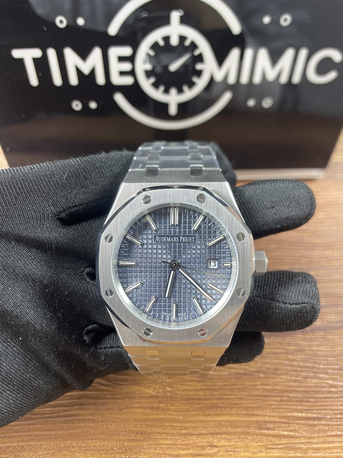 Royal Oak 15510ST 06 replica blue-grey grid dial steel-tone integrated bracelet front photo sample