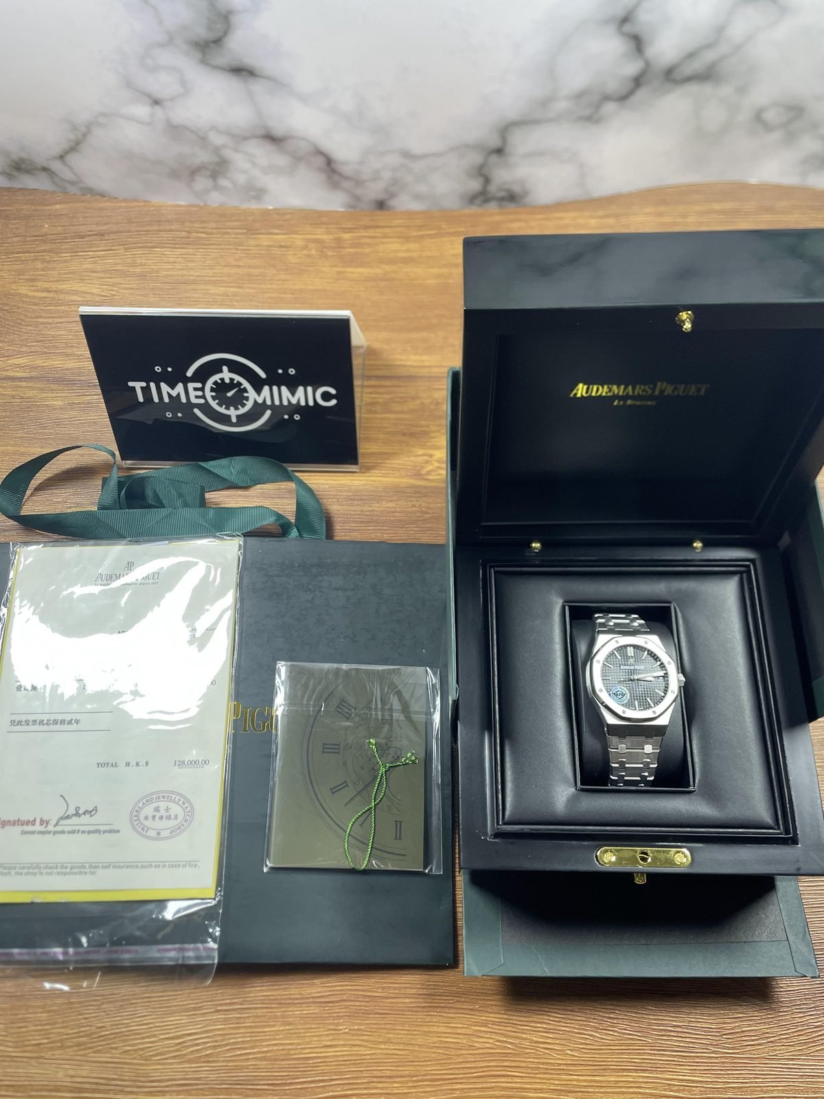 Royal Oak 15510ST 07 replica black grid dial steel-tone bracelet with presentation box and papers