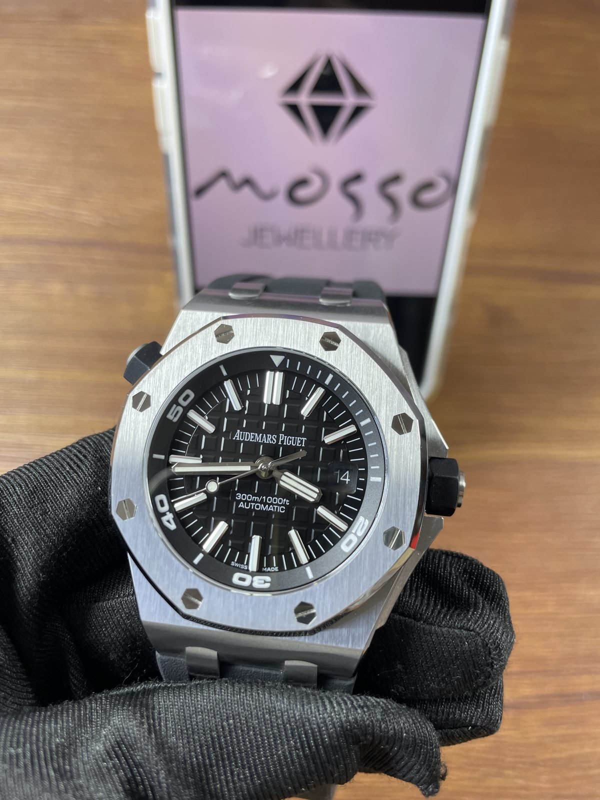 Royal Oak Offshore Diver 15710ST replica angled front black dial steel-tone octagonal case date 14