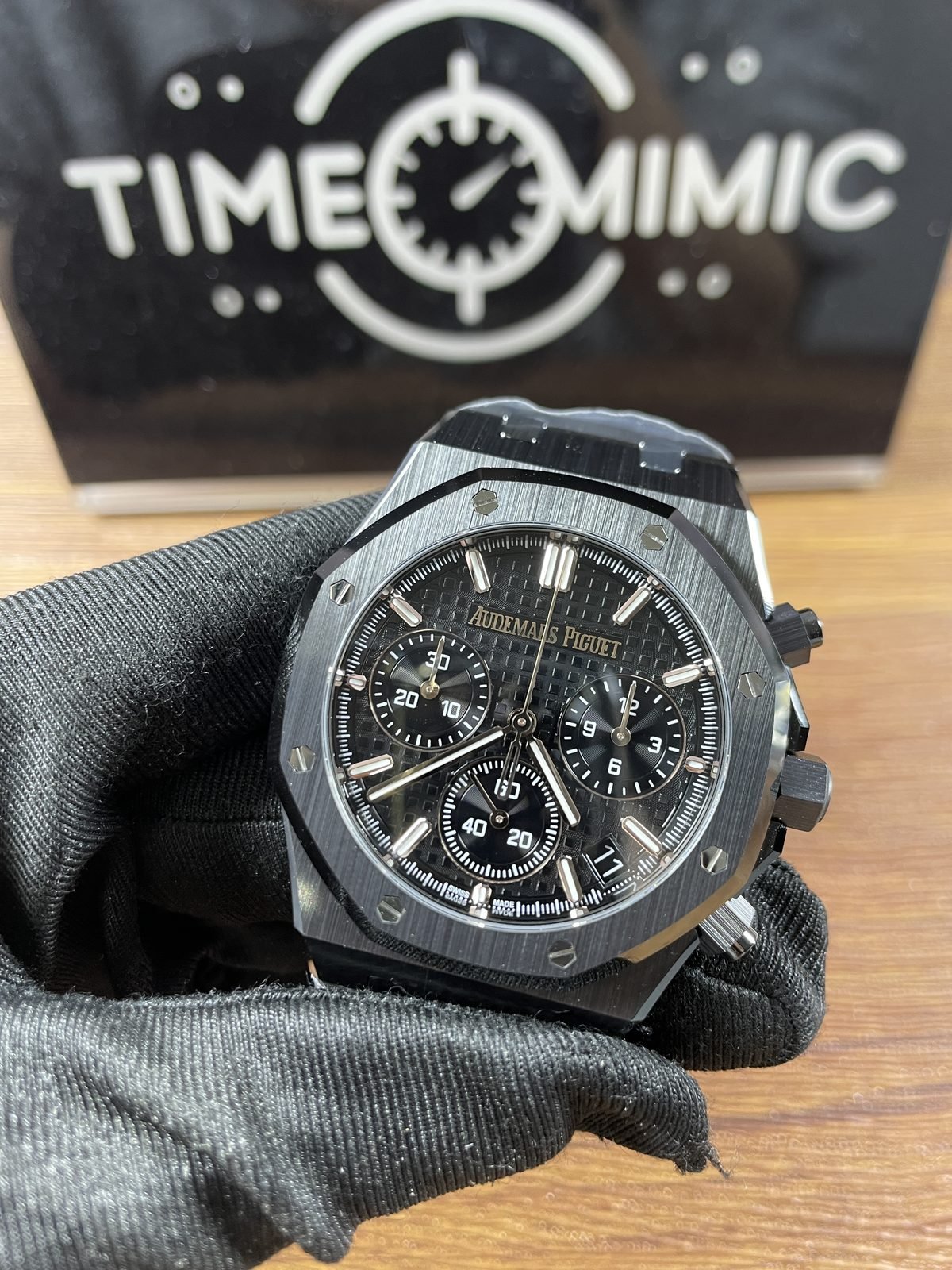 Royal Oak 26240CE replica angled black chronograph dial date 7 crown and pushers