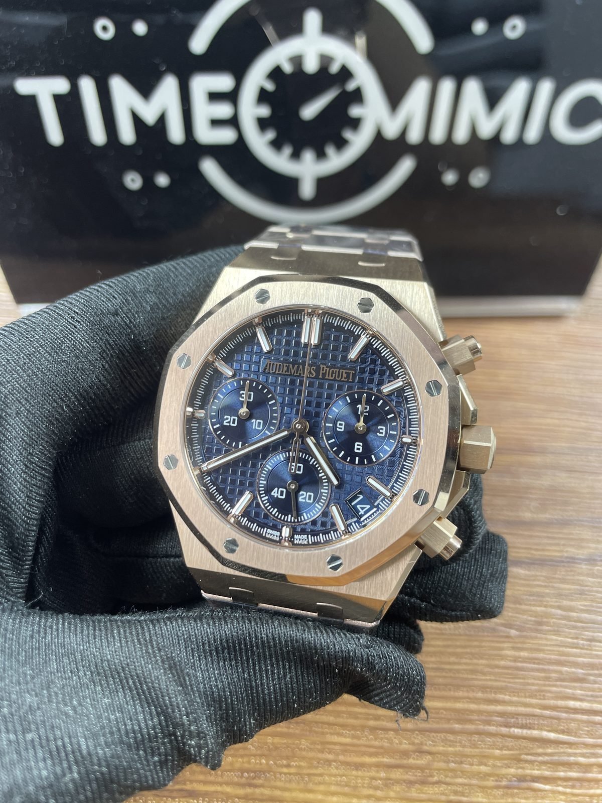 Royal Oak 26240OR replica blue chronograph dial warm-tone case angled front