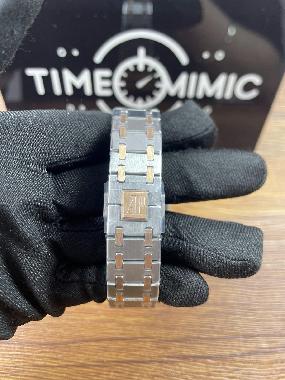 Royal Oak 67651SR replica steel-tone bracelet warm-tone centre links and AP-style clasp under protective film