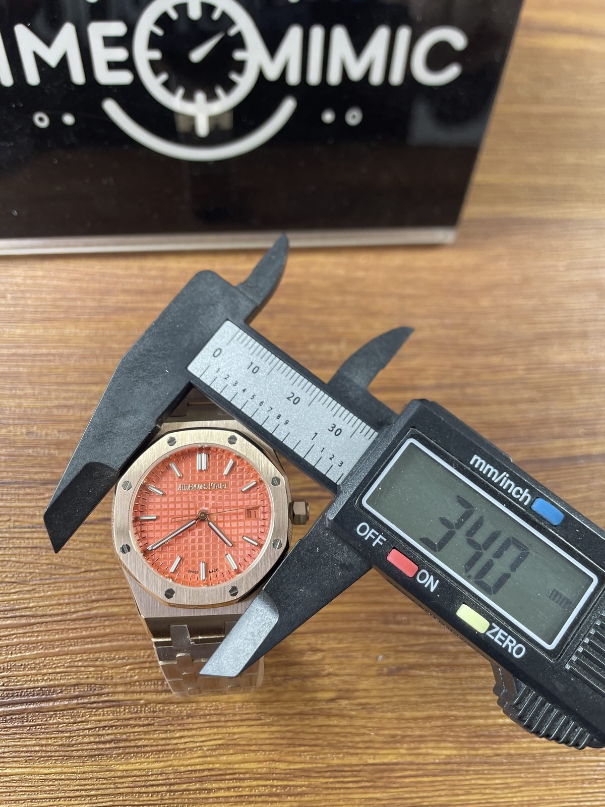 Royal Oak 77450OR replica listing sample pictured front-width calliper reading 34.0 millimetres