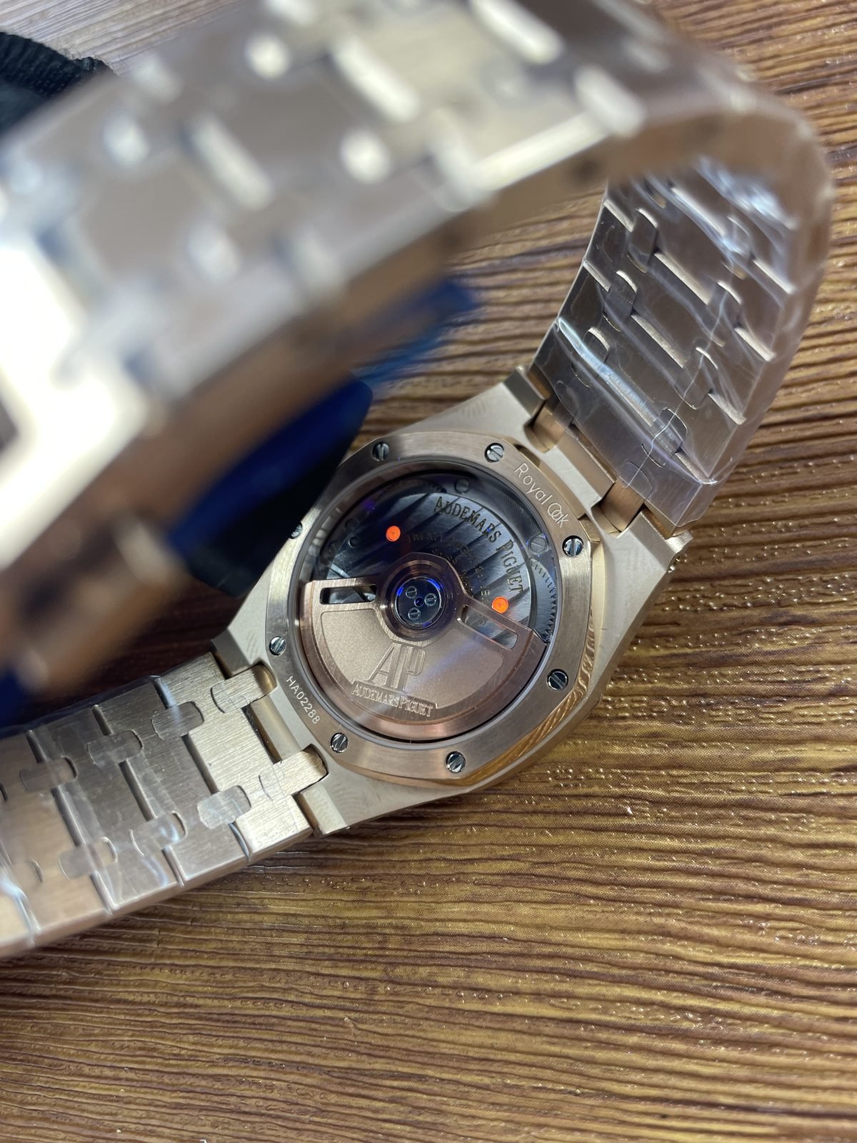 Royal Oak 77450OR replica listing sample second exhibition-back view with serial-style HA02288 marking