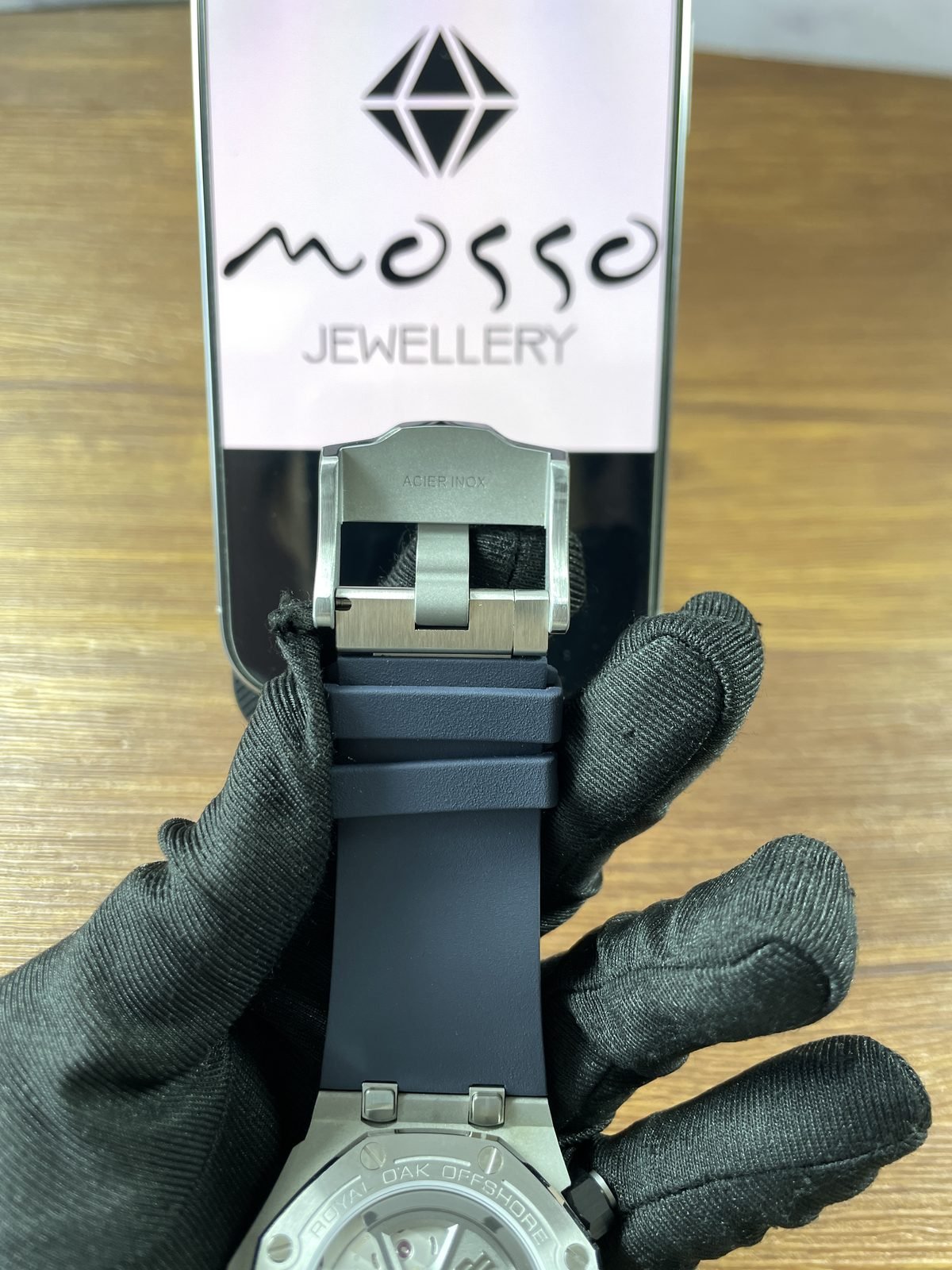 Royal Oak Offshore 15720ST replica strap buckle and partial exhibition back with ACIER INOX-style mark