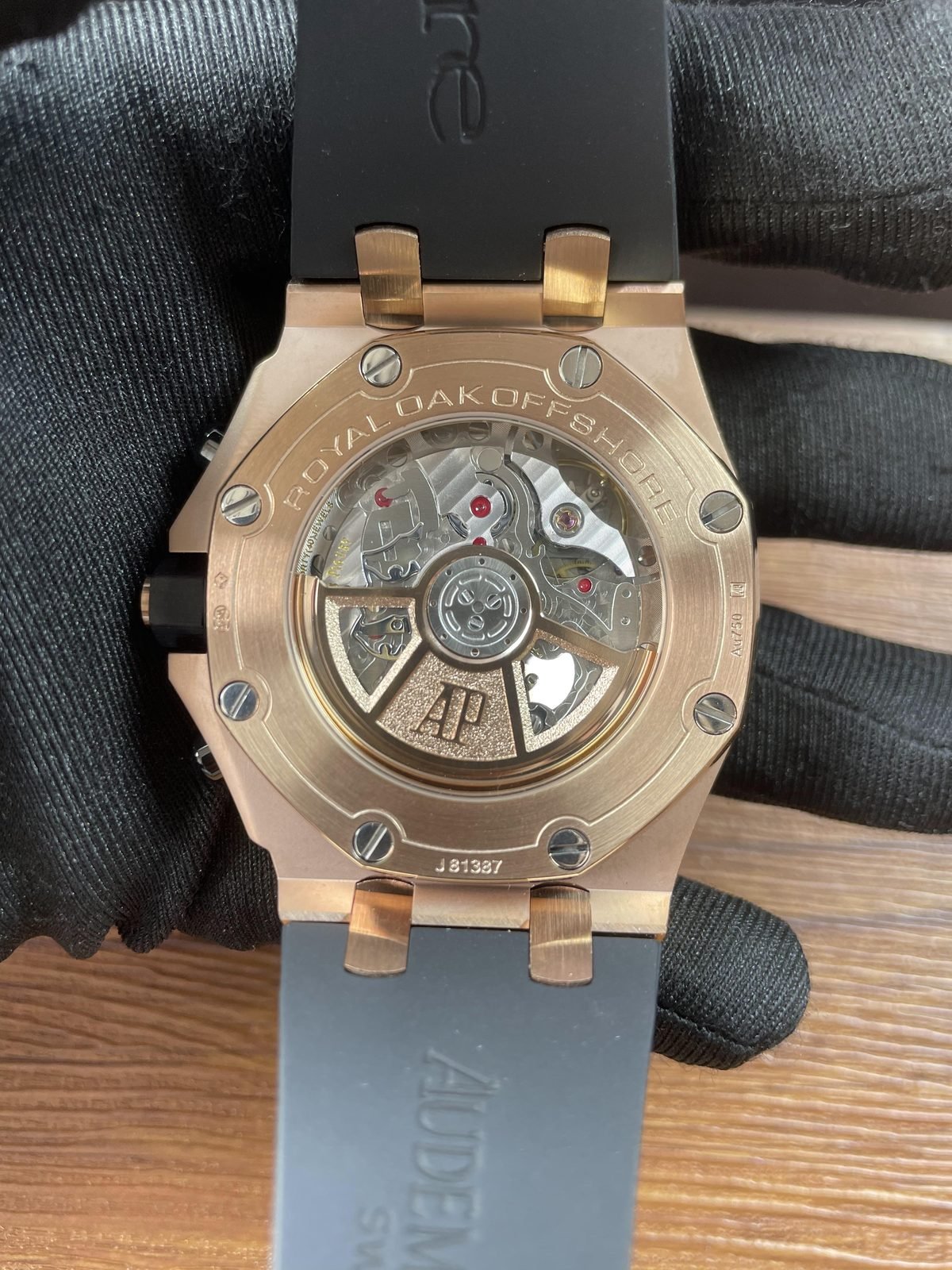 Royal Oak Offshore 26238OK replica exhibition back decorated automatic-looking movement AU750-style mark and J81387-style number