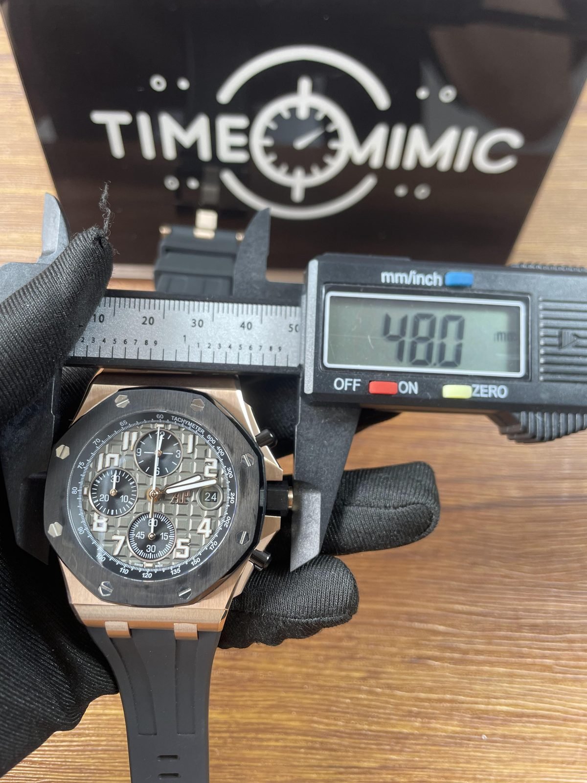 Royal Oak Offshore 26238OK replica photographed broad front calliper placement reading 48.0 millimetres