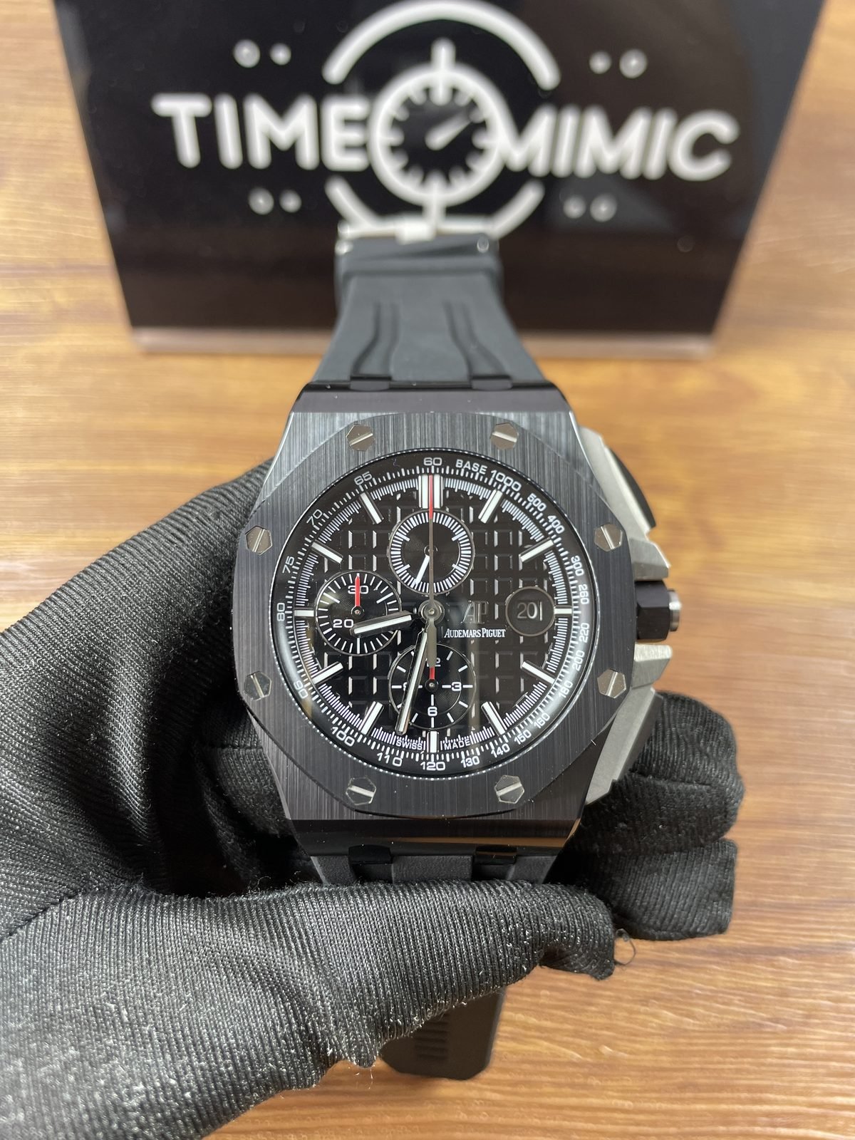 Royal Oak Offshore 26402CE replica black graphite three-counter dial date twenty and dark strap front