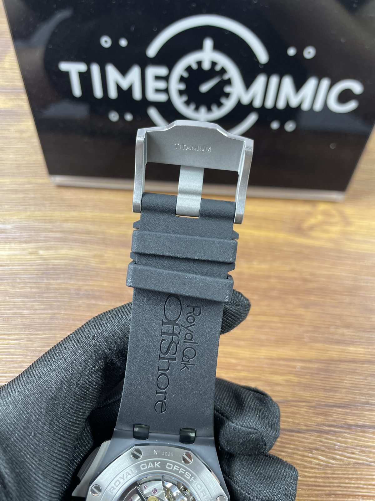 Royal Oak Offshore 26402CE replica buckle underside TITANIUM-style engraving and strap branding