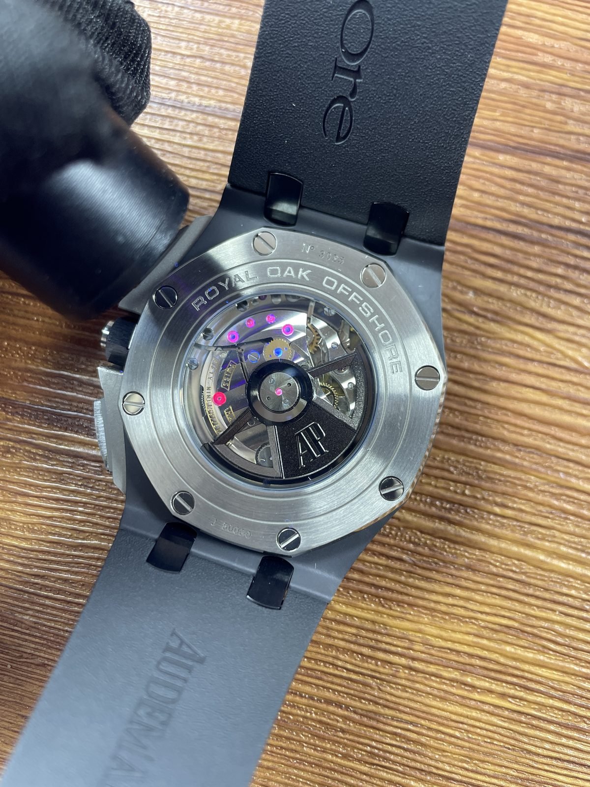 Royal Oak Offshore 26402CE replica close exhibition-back view movement decoration and dark rotor