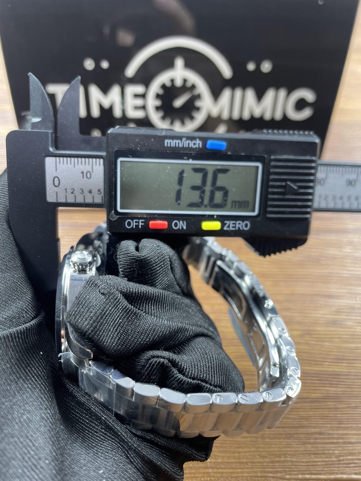 Single thickness caliper placement reading about 13.6 millimetres