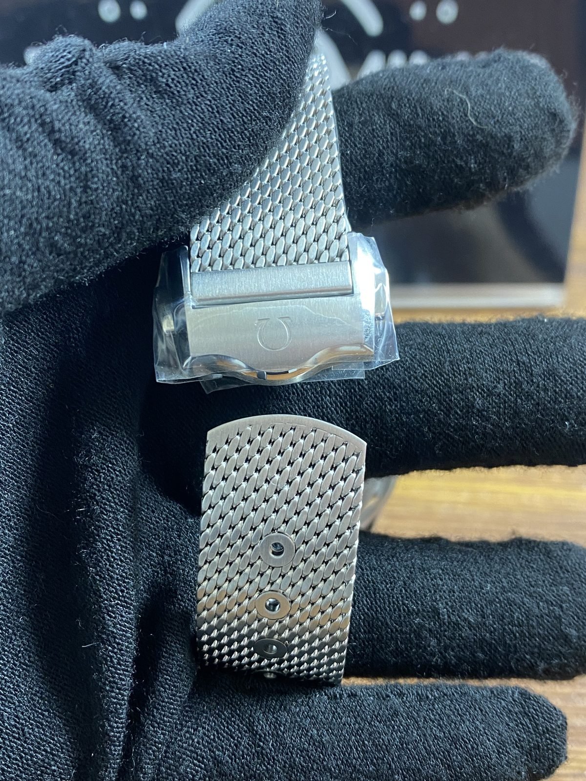 Mesh bracelet clasp exterior and detached adjustment hole section