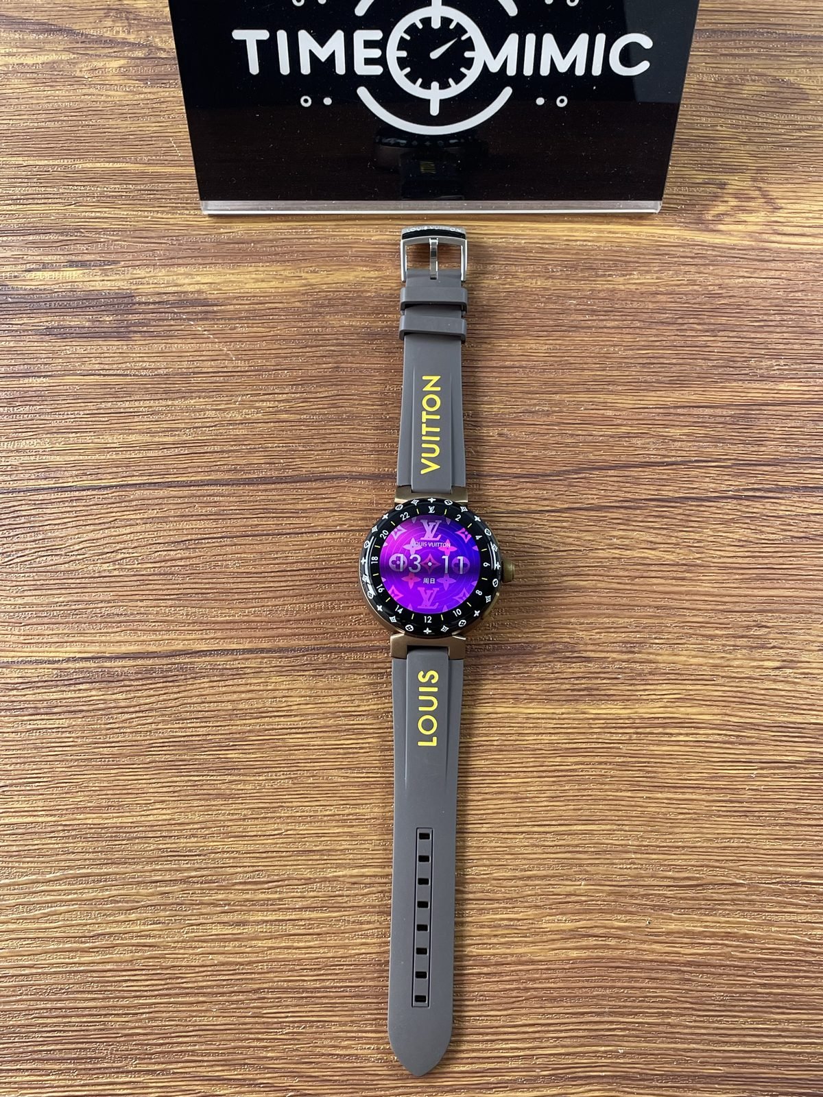 Louis Vuitton Tambour Horizon N1 replica full front colour digital screen illuminated and grey brown strap
