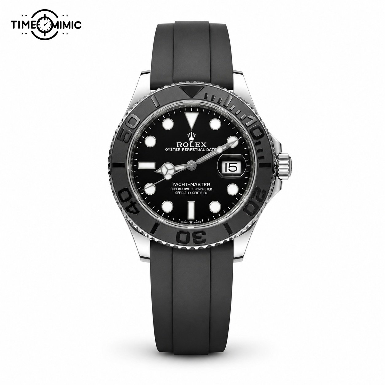 dupe watches: Yacht-Master White Metal Oysterflex, complete watch on white background
